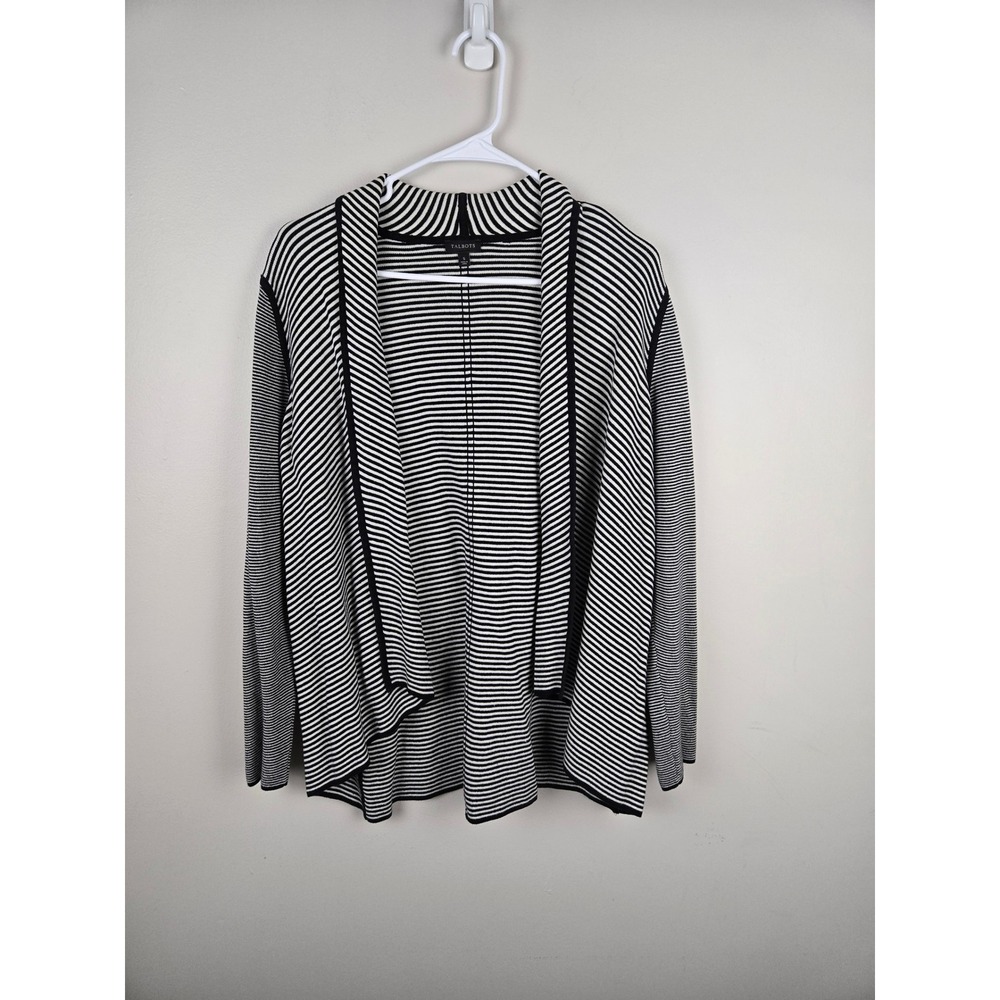 TALBOTS Womens Striped Cardigan Sweater Black White‎ Size S Open Front